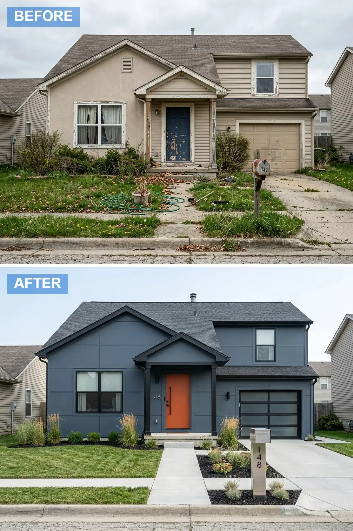 Builder home clad in wide slate blue-grey panels with a burnt orange door and glass-panel garage