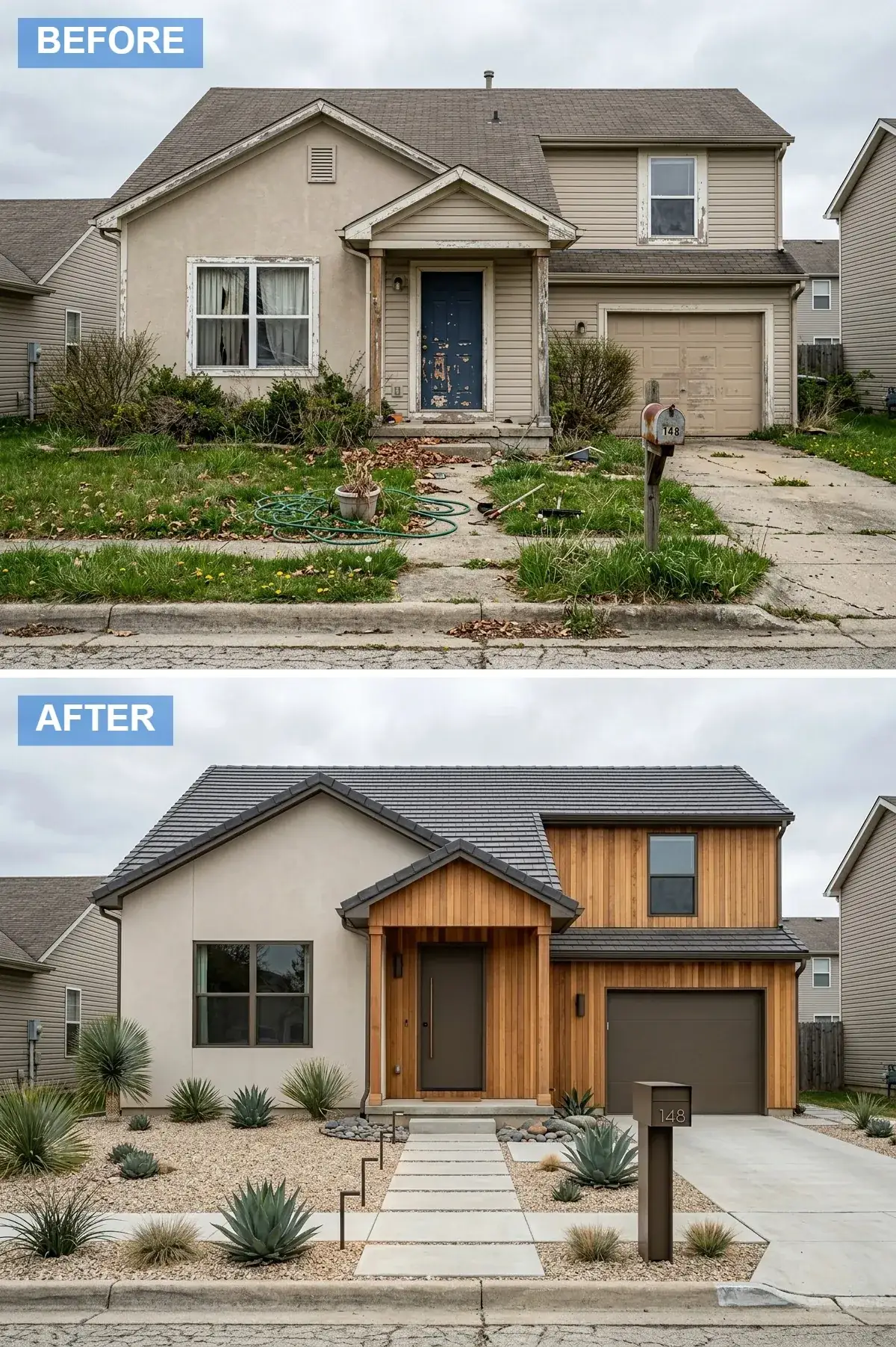 Builder home refaced in sandy beige stucco with vertical cedar siding, tile roof and xeriscape planting