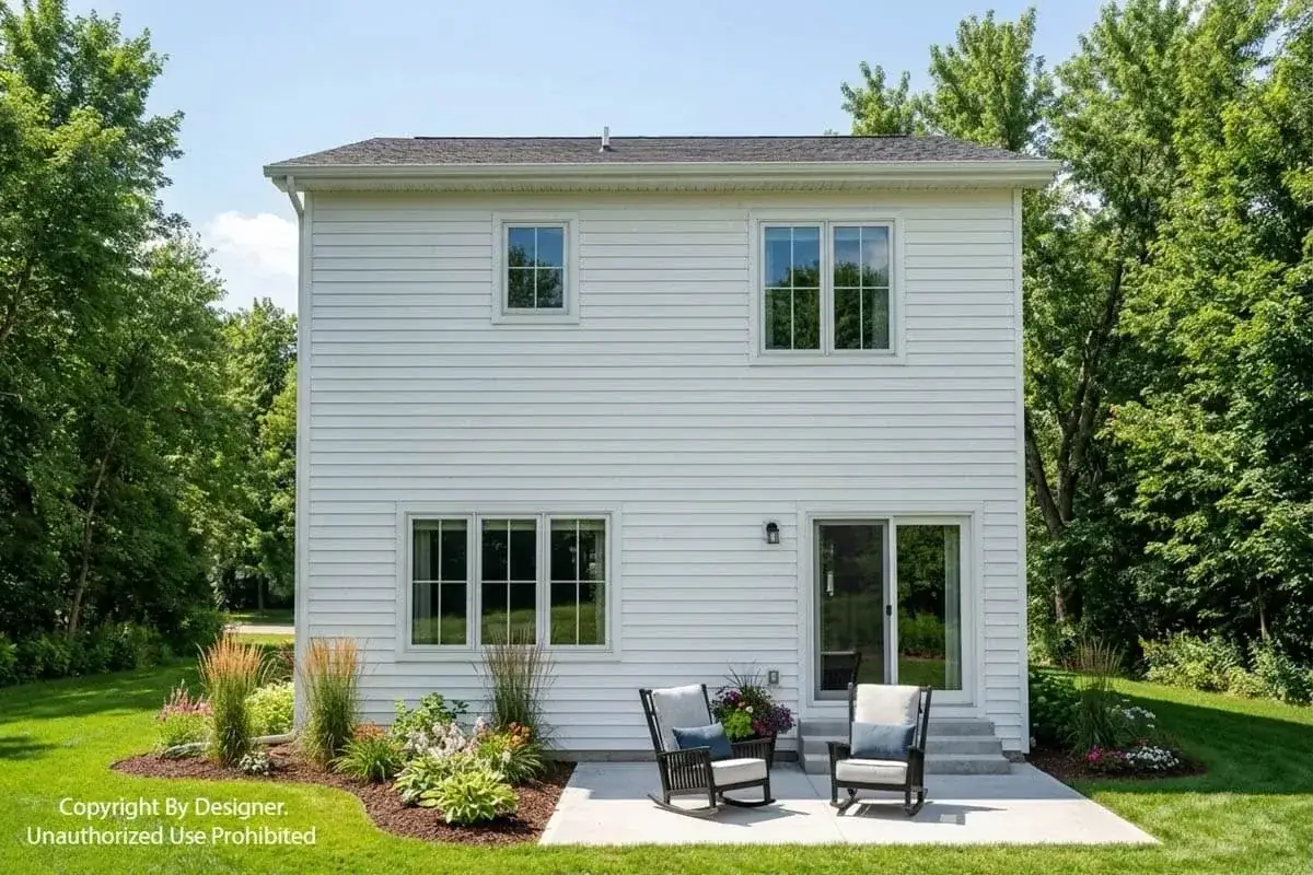 Front porch and entry of the 26-foot-wide modern farmhouse with loft