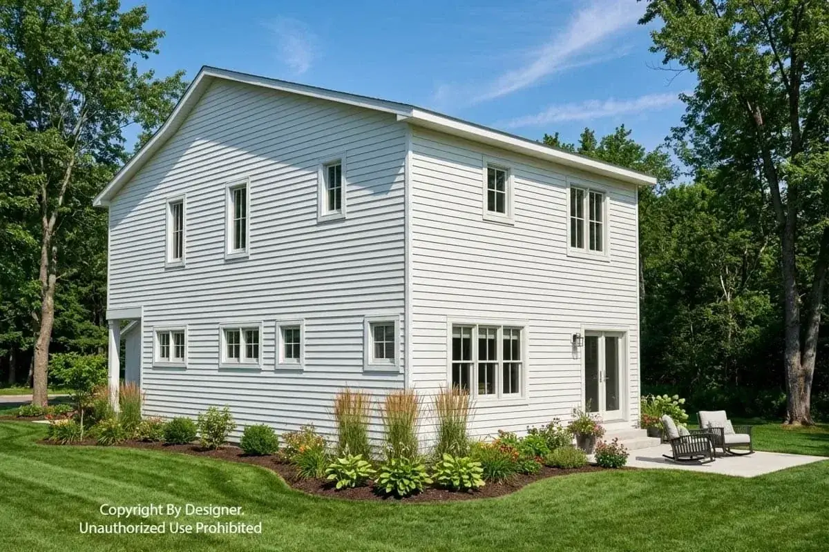 Angled exterior view of modern farmhouse plan 140051RK showing two-story massing