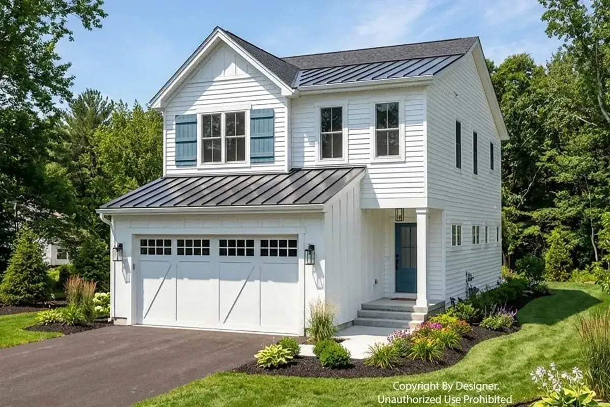 Garage and side elevation of the compact modern farmhouse plan