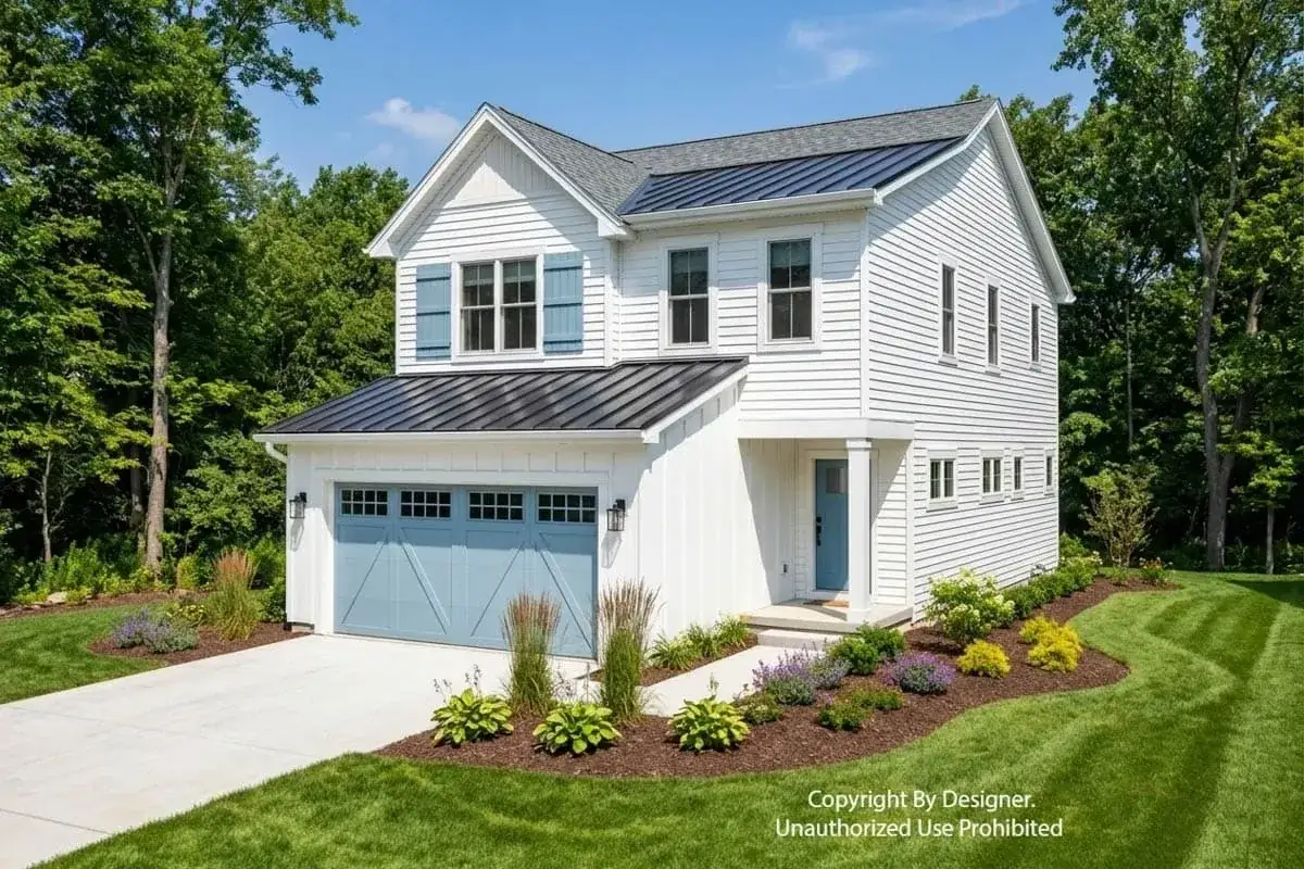 Rear patio and elevation of modern farmhouse 140051RK