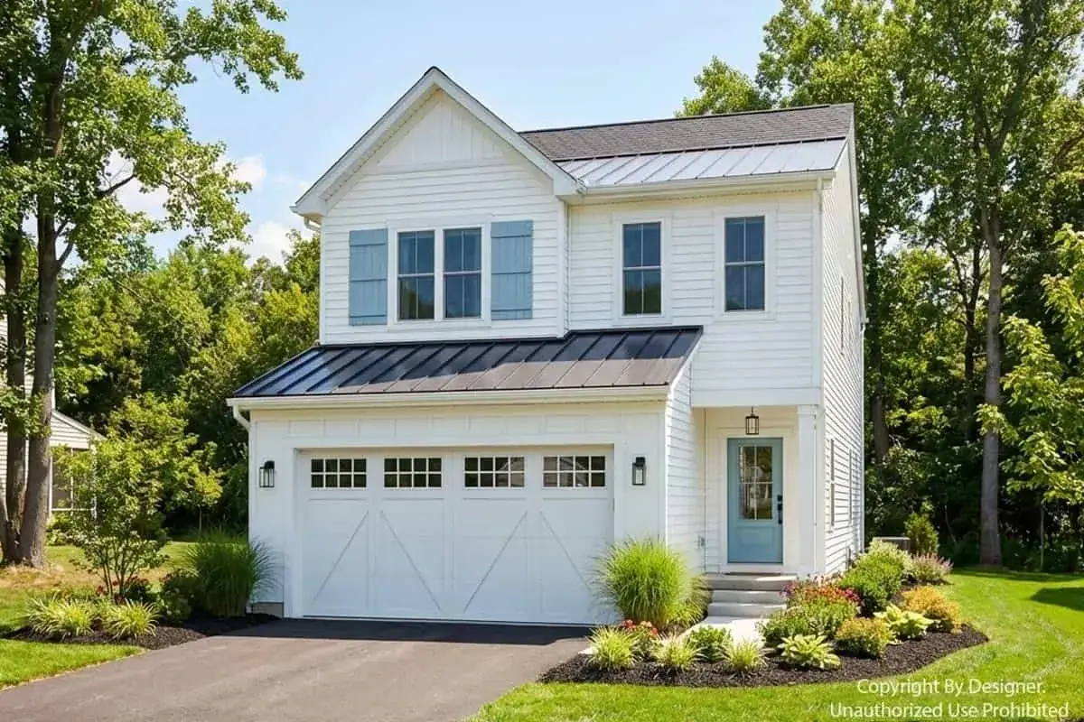 Dusk exterior of the modern farmhouse with loft and front porch lit