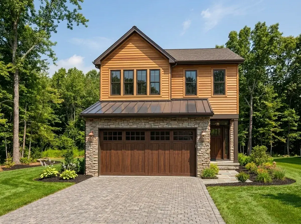 Rustic wood and stone facade option for modern farmhouse plan 140051RK