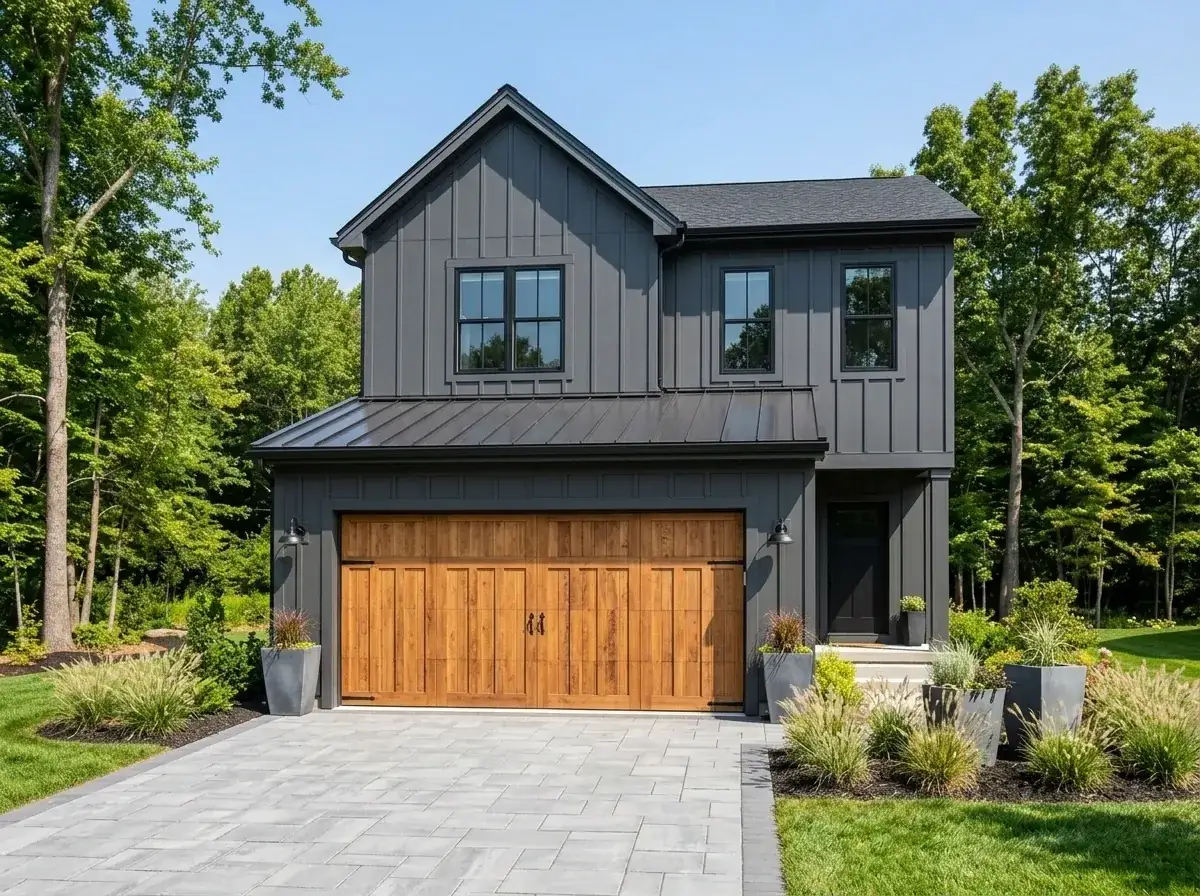 Dark modern farmhouse facade with board-and-batten siding and wood garage door