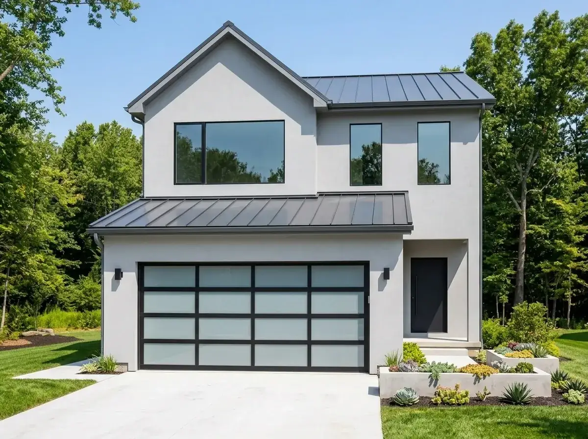 Modern minimalist facade with light stucco and black-framed windows