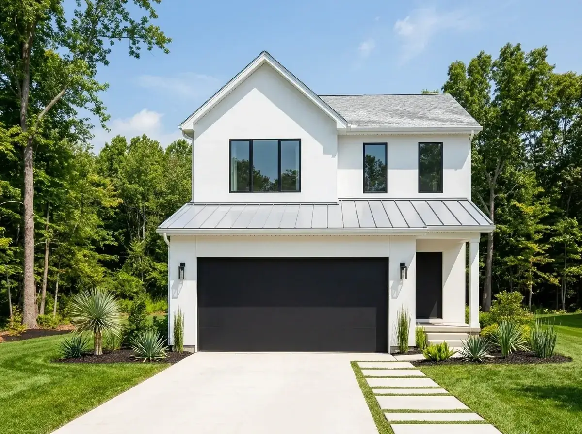 Classic white farmhouse facade with dark window frames and metal porch roof