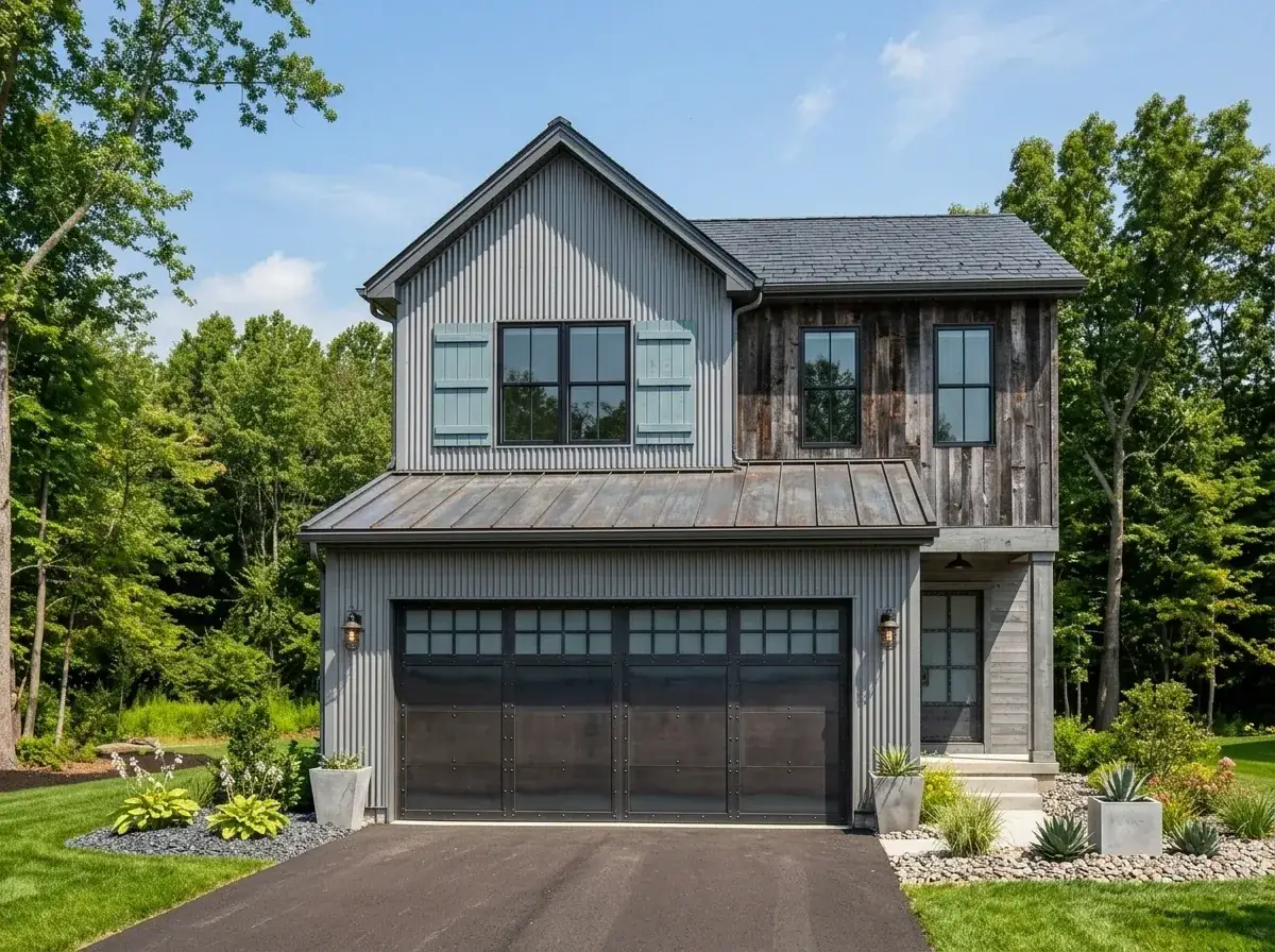 Rustic industrial facade with vertical metal siding and reclaimed wood accents