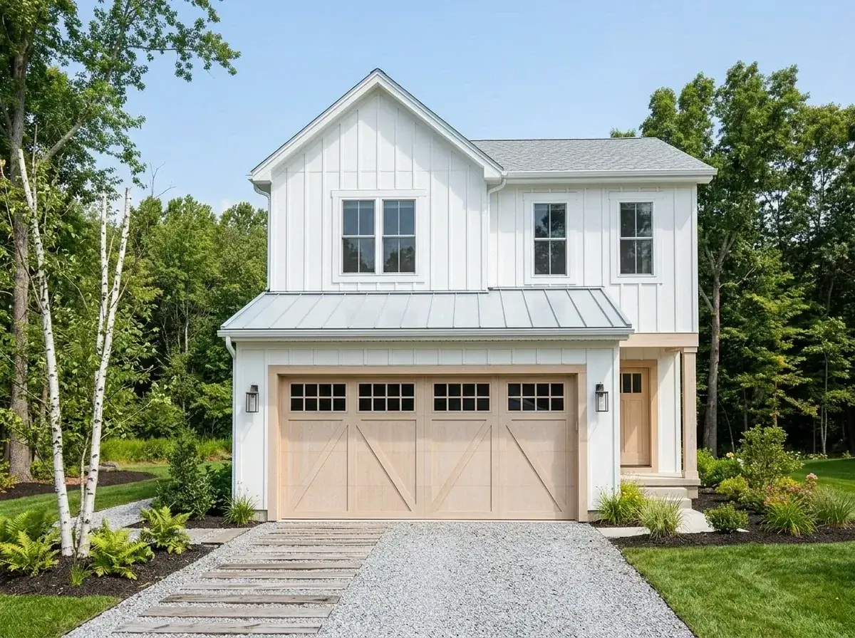 White and light wood Scandinavian farmhouse facade option