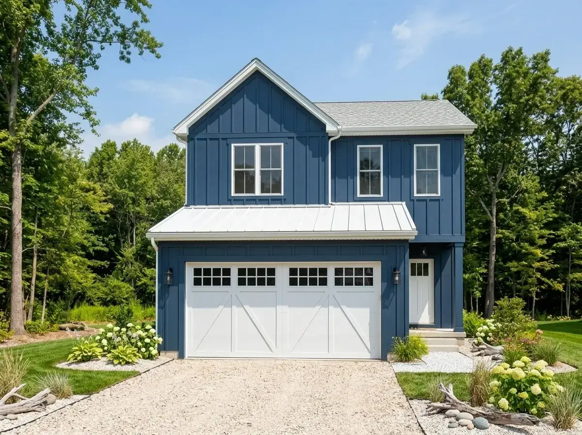 Bold blue farmhouse facade with white trim and garage door