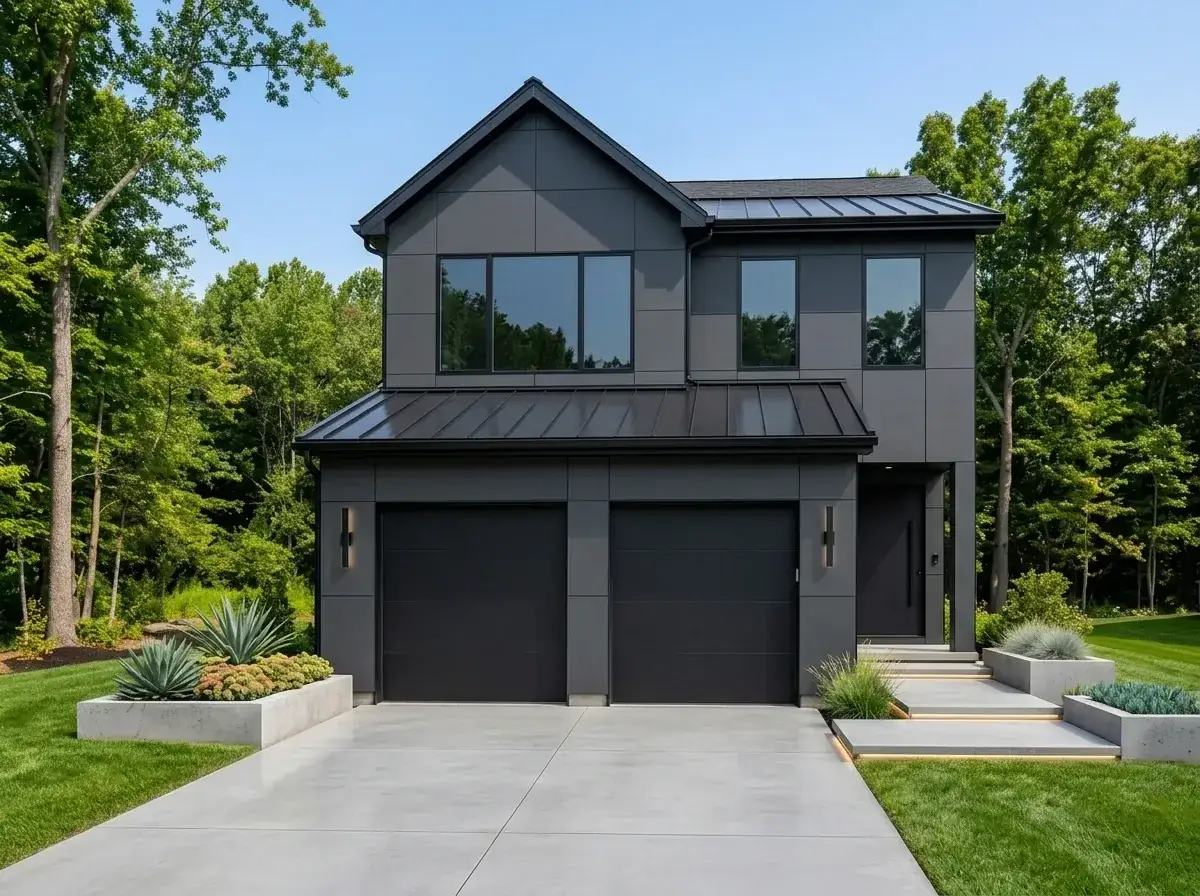 Contemporary dark facade with panel siding and large black-framed windows