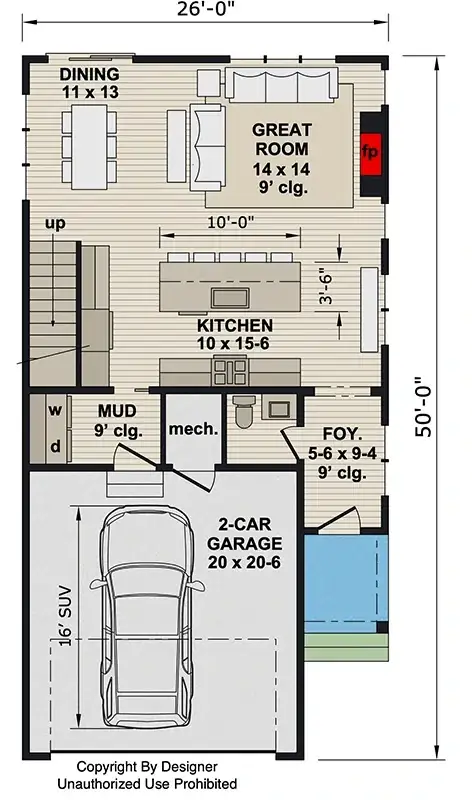 Main floor plan of the 26-foot-wide modern farmhouse 140051RK showing open great room, kitchen, dining, mudroom, and main-level laundry