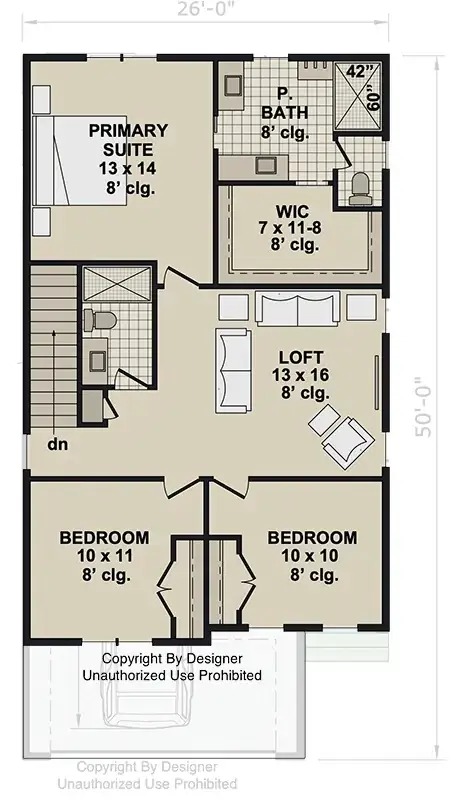 Second floor plan of modern farmhouse plan 140051RK with primary suite, two bedrooms, hall bath, and flexible loft