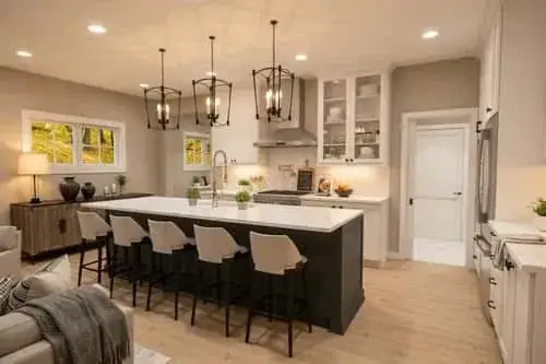 Entry and great room sightline in modern farmhouse plan 140051RK