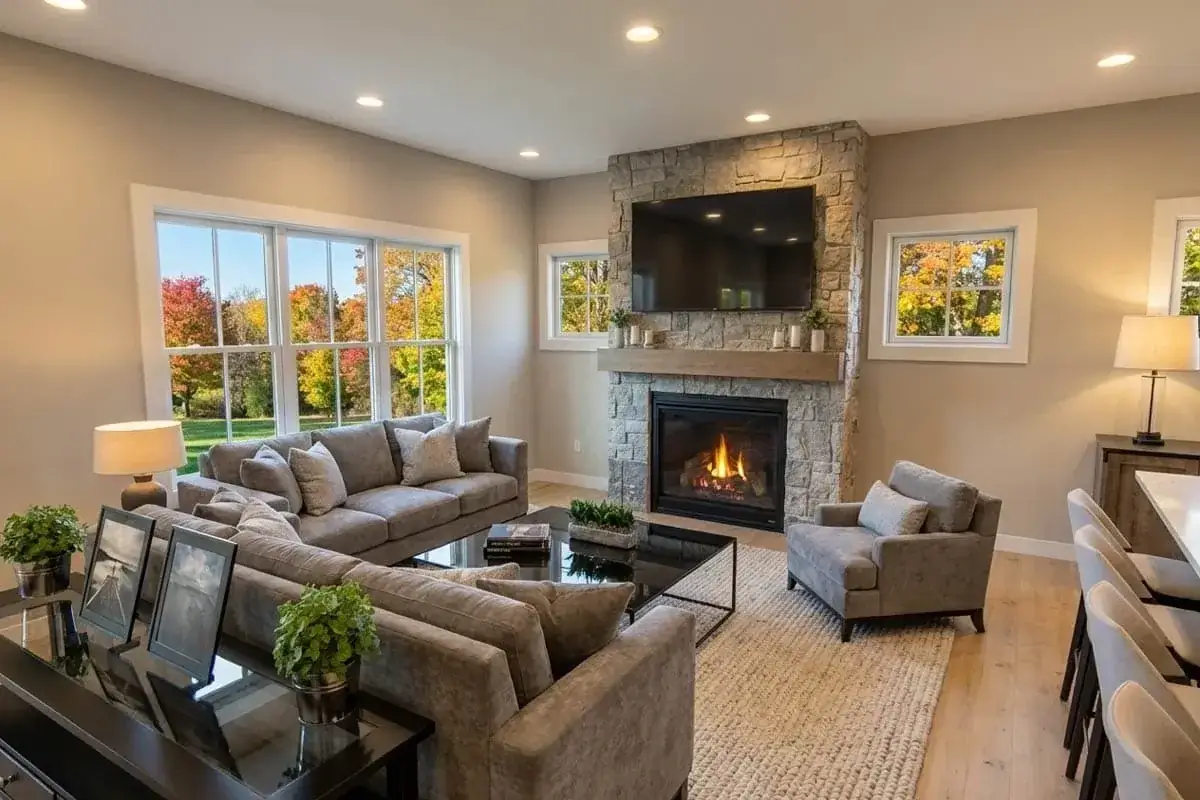 Bright living area with large windows in the modern farmhouse