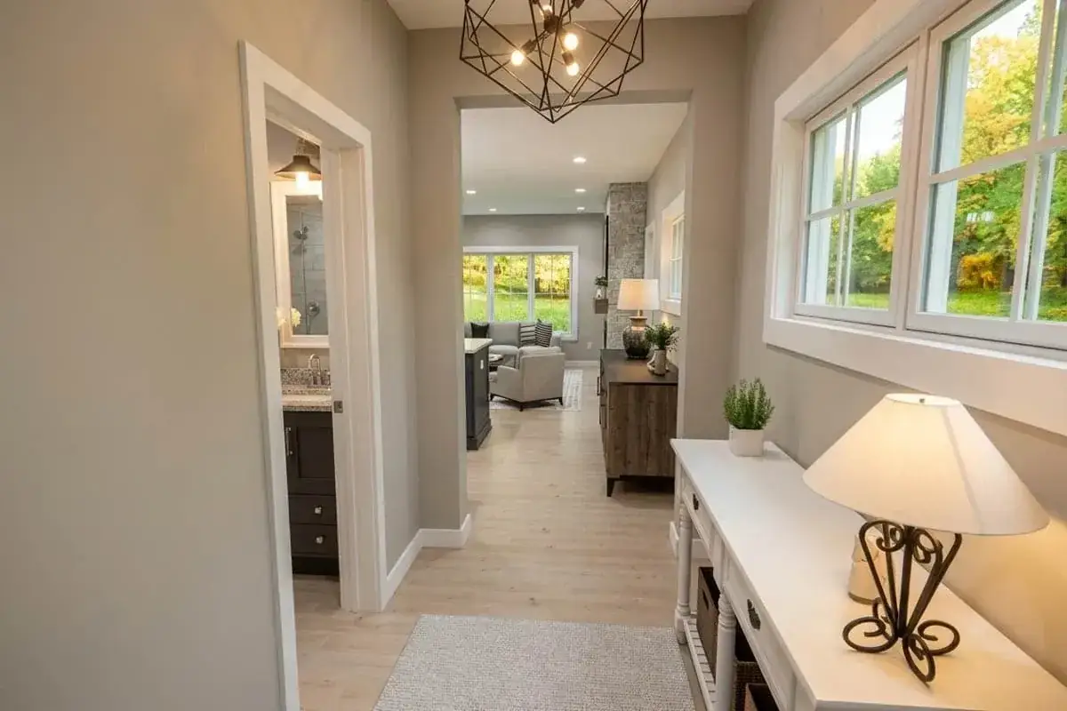 Neutral palette interior finish study for modern farmhouse plan 140051RK